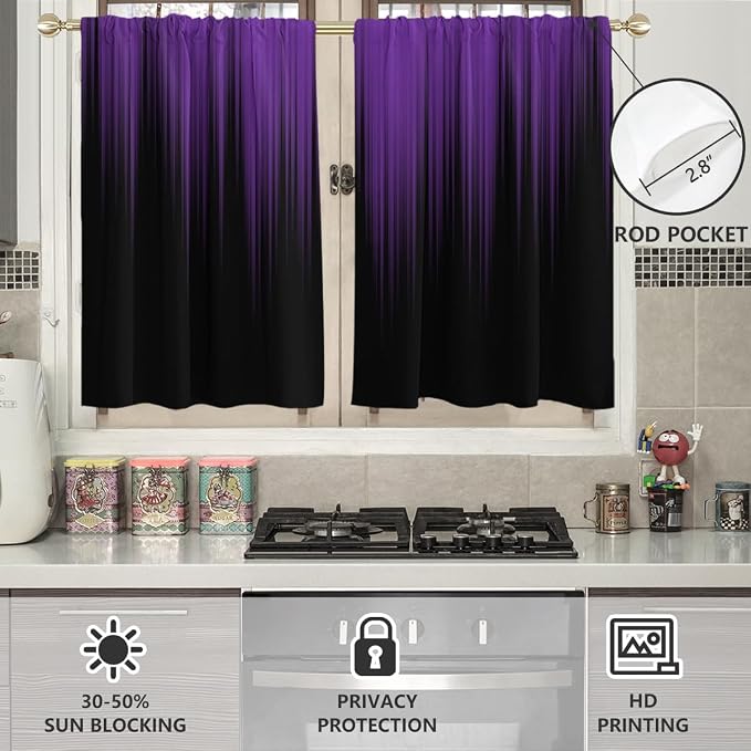 AAtter Purple and Black Kitchen Curtains, Ombre 27.5" W x 36" L, 2 Panels | Dark Gothic Rod Pocket, Plum Abstract Moody Style, Witchy Modern Anime Design, Small Short Bathroom Window Tiers for Women
