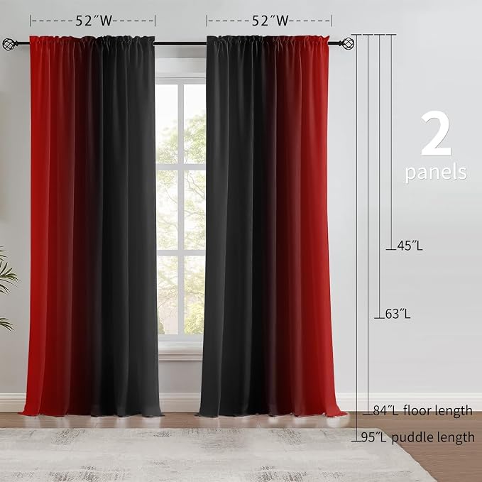Red and Black Ombre Curtains 72 inches Length for Living Room,Abstract Black and Red Light Filtering Window Curtain Rod Pocket Gradient Vintage Window Drapes for Bedroom Curtains,2 Panels