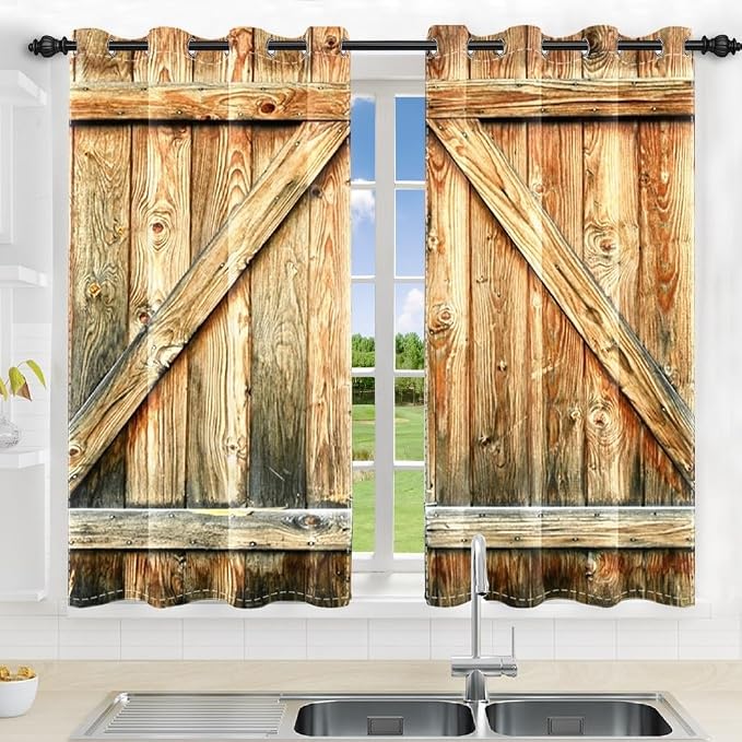 Rustic Vintage Wooden Plank Barn Door Curtains, 42x63 inch, 2 Panels with Grommets, Farmhouse & Countryside Style for Living Room & Kitchen