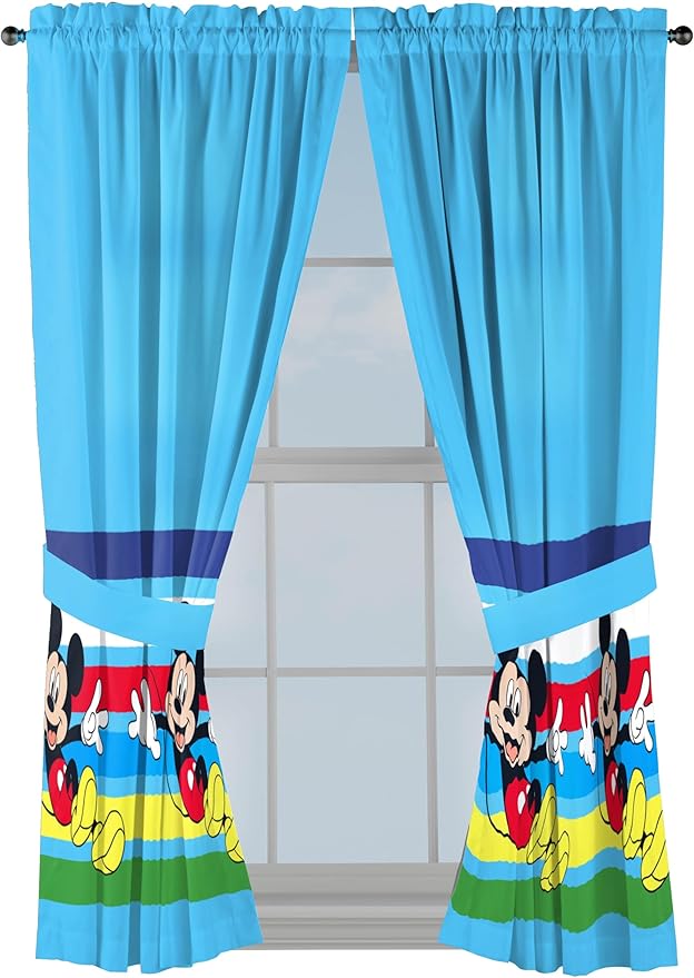 Sunny Side Up Window Curtains for Kids Bedroom 4-Piece Drape Set with 2 Tiebacks, Blue - Mickey Mouse, 42" W x 63" L (Pack of 2)