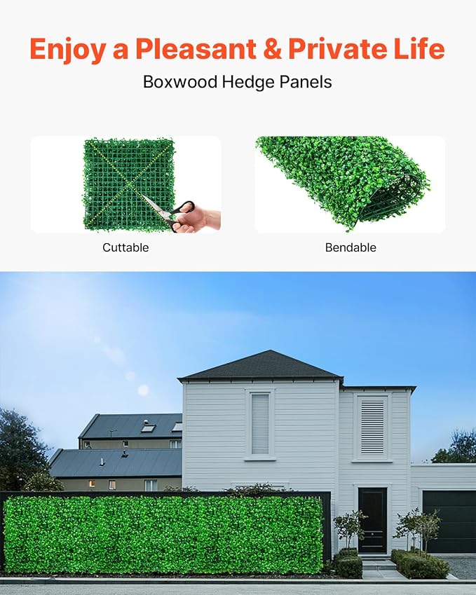 VEVOR Artificial Boxwood Panels 24pcs, 10 x 10 in Boxwood Hedge Wall Panel Artificial Grass Backdrop, 1.6 in Green Fake Grass Wall for Privacy Fence Decor Indoor Outdoor Garden Backyard