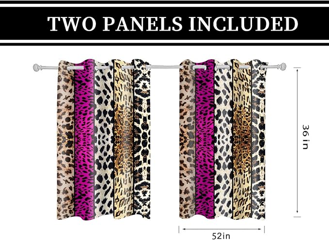 Wild Animal Print Curtain, Room Darkening Thermal Insulated Blackout Leopard Boa Window Drapes with Grommets for Living, Dining, Bedroom, Hot Pink Leopard Print, 52"x 36", 2 Panels
