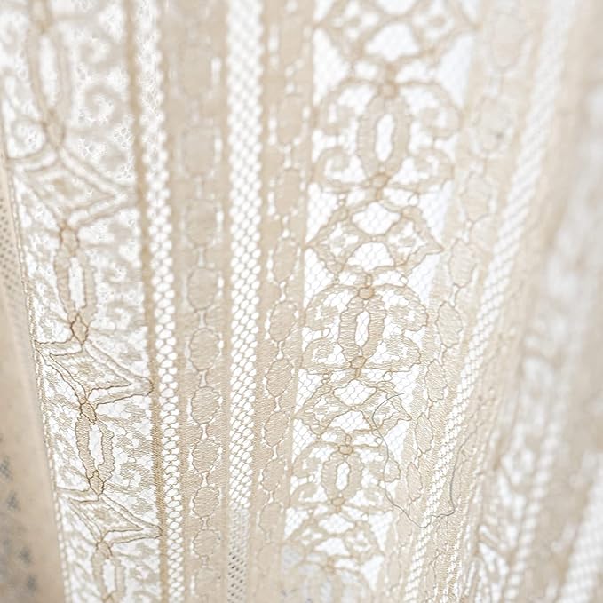 Sutuo Home Boho Sheer Curtain Valance Crochet Lace with Bohemian Hollow Knitted Handmade Tassels, Short Rustic Window Treatment for Kitchen Cafe, Rod Pocket, 1 Panel 59" W x 24" L,Beige