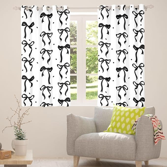 Feelyou Girls Bow Curtains for Bedroom Living Room Black White Bowknot Blackout Darkening Drapes Coquette Aesthetic Window Treatments, 2 Panels 52 x 90 Inch Kawaii Cute Princess Style Room Decor