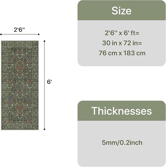 GENIMO 2.5x6 Washable Kitchen Runner Rug, Non Slip Mat, Emerald Green | Vintage Boho Floral Low Pile Thin Mat for Entryway, Kitchen, Bedroom, Indoor Decor