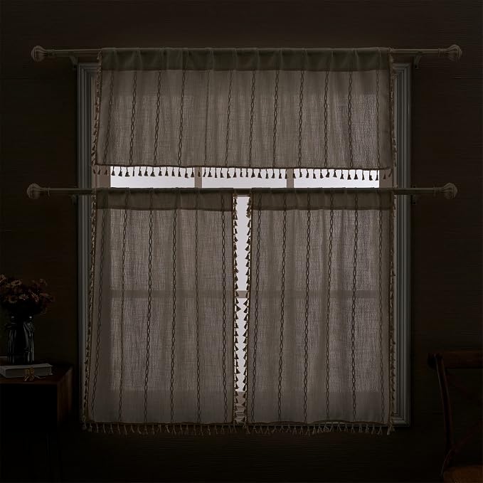 RoomTalks White Boho Farmhouse Kitchen Curtains 45 Inch Length French Striped Modern Vintage Chic Textured Tassel Charcoal Short Cafe Curtains for Small Window Kitchen Bathroom Decor