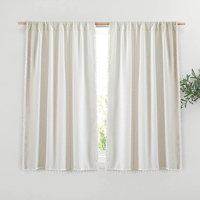 RoomTalks White Boho Farmhouse Kitchen Curtains 54 Inch Length French Striped Modern Vintage Chic Textured Tassel Charcoal Short Cafe Curtains for Small Window Kitchen Bathroom Decor