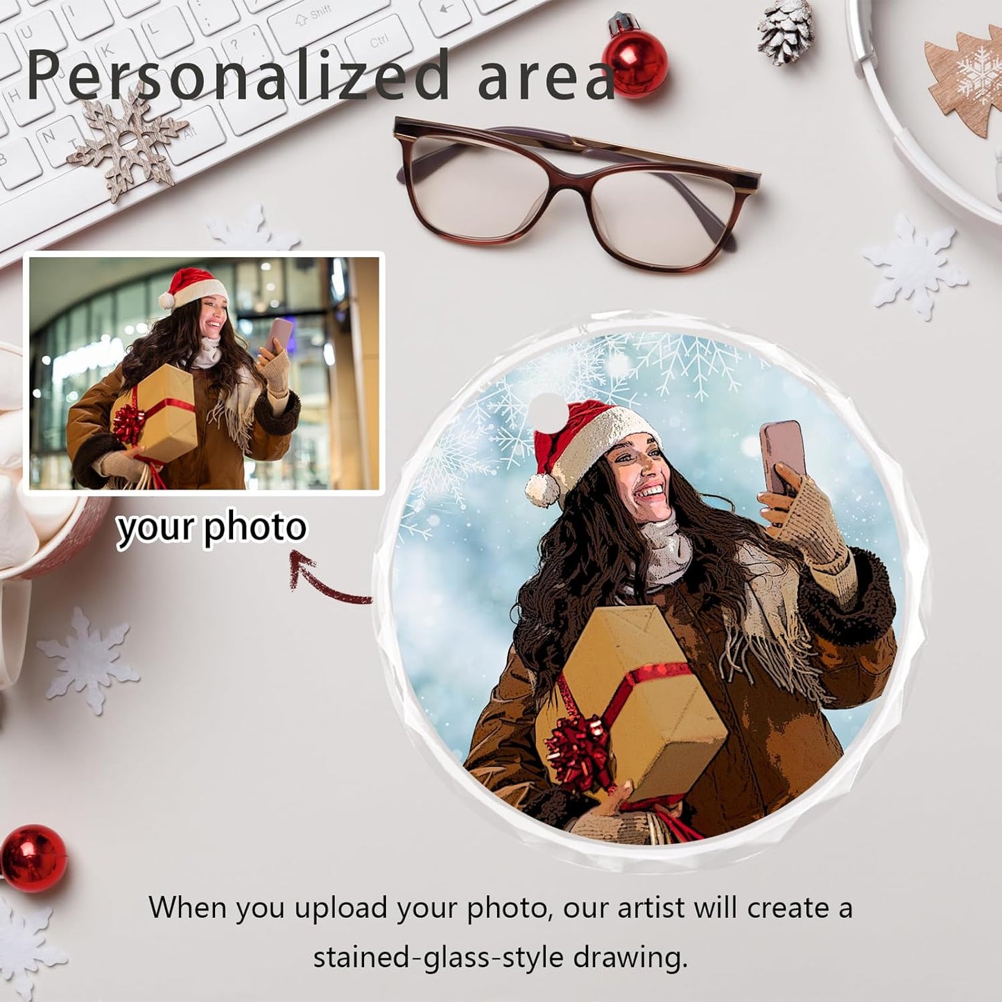 Personalized Christmas Ornaments, Custom Glass Ornament with Photo,Customized Christmas Tree Decor Gifts for Pet, Dad, Mom, Him, Her,Snowman