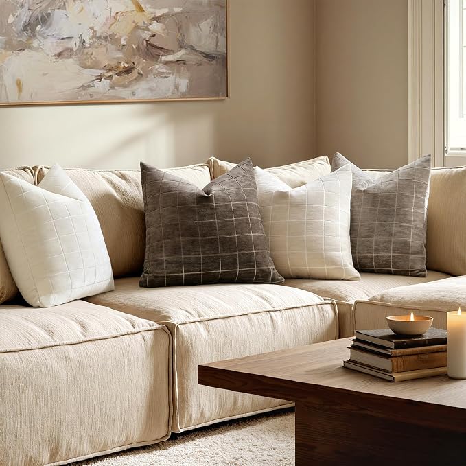 MIULEE Beige Plaid Decorative Throw Pillow Covers 20x20 Set of 2 | Vintage Check Chenille Couch Pillows Neutral Boho Farmhouse Cushion Covers Modern Home Decor for Sofa Bed Living Room
