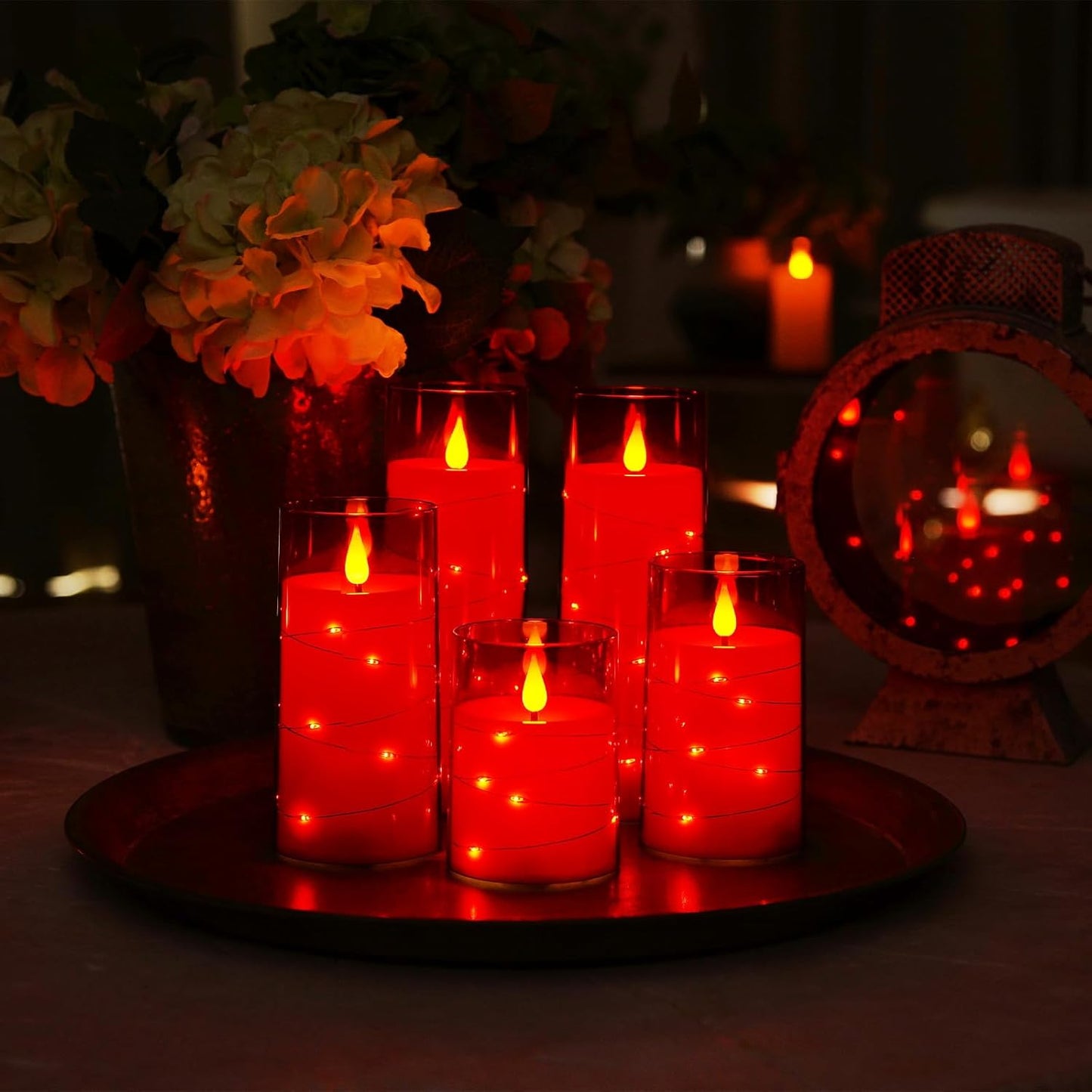 Homemory Acrylic Flameless Candles with Embedded Star String Fairy Lights, Battery Operated Candle, LED Candles, Fake Candles with Remote Control and Timer, Red, Set of 5(H4 5" 6" 8" 8")