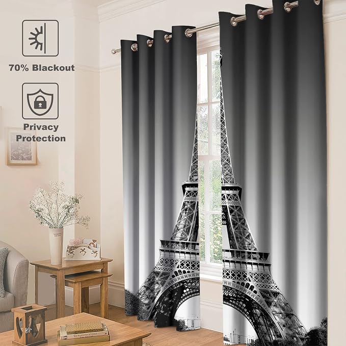 Jekeno Paris Eiffel Tower Blackout Curtains Paris Landmark Picture of Famous Place Cityscape Scene Decor for Bedroom Living Room Grommet Window Drapes 2 Panel Set, 52"x84"