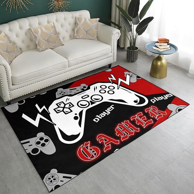 Gaming Rug, Gamer Rugs for Bedroom Boys Player Room Decor, Game Area Rugs for Room, Video Game Carpets Decor for Dining Living Room Mats Black Red, 3'x4'