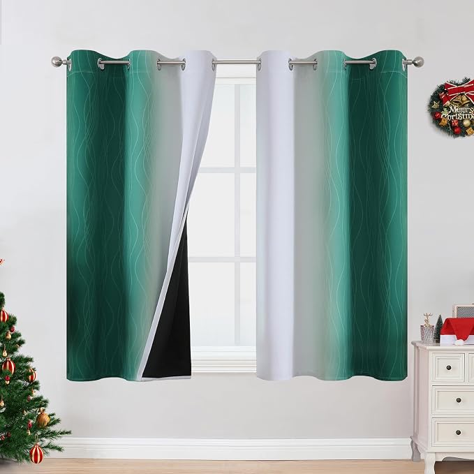Estelar Textiler Green and Greyish White Ombre Blackout Curtains 45 Inch Length 2 Panels, Full Room Darkening Gradient Drapes for Bedroom, Thermal Insulated Grommet Short Curtains for Bathroom,42Wx45L