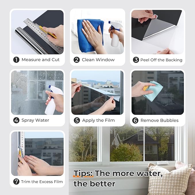 DOWELL Window Privacy Film, One Way Window Tint for Home, Static Cling Anti UV Sun Blocking Reflective Mirror Film, Heat Control See Out Not in Glass Tinting, Black Silver, 23.6" x 157.5"