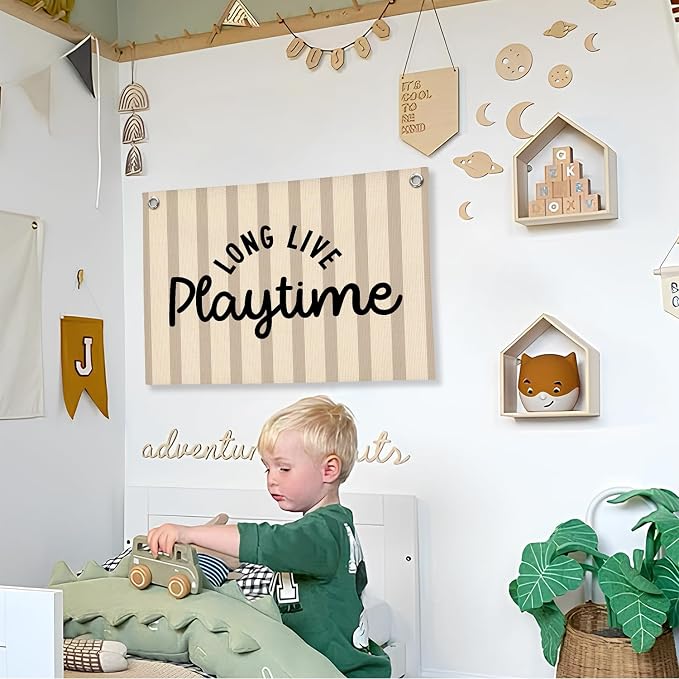 Playroom Wall Decor, Long Live Playtime Linen Canvas Banner, Toddler Playroom Decor Kids Room Nursery Wall Decor for Toddler Boys Toy Room Bedroom, 30x20 Inch
