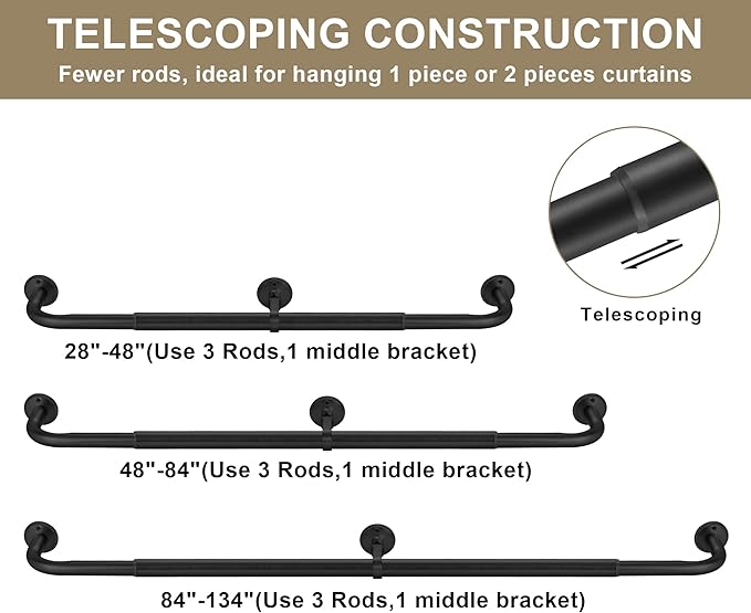 Wrap Around Curtain Rods 2 Pack for 28 to 48 Inches Windows, 1" Heavy Duty Room Darkening Drapery Rod with Sturdy Aluminum Base, Wall Mounted Ceiling Mounted Curved Curtains Rod, Matte Black