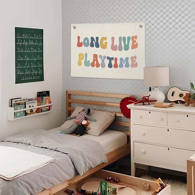 Playroom Decor, Long Live Playtime Banner, Boho Rainbow Linen Banner Wall Hanging Banner Flag Decor for Toddler Boy Kids Room Nursery Playroom