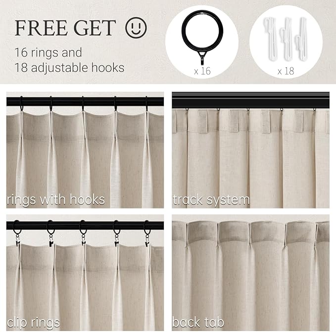 Topfinel 102 Inch Curtains 1 Panels Set,One Packs Pinch Pleat Back Tab Linen Window Semi Sheer Privacy Thick Decorative Curtain Drapes for Living Room Bedroom,72x102 in Long,Oatmeal