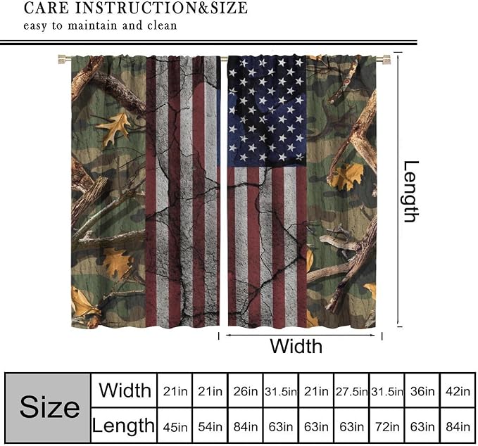 American Flag Curtains,Rustic Camo Forest Independence Day Drapes for Bedroom Living Room Kitchen Window Treatment 2 Panels Set Total Size 52" W X 84" L Inch