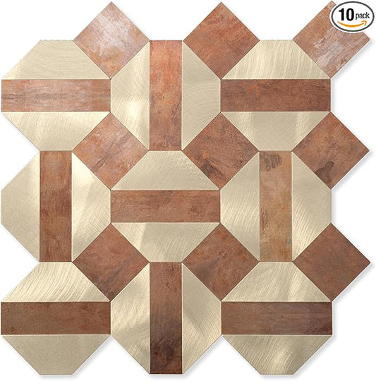 10-Sheets Peel and Stick Backsplash Tiles, PVC Mixed Metallic Look,Heat Resistant Stick on Tiles for Kitchen Wall,Bathroom,Laundry Room (Retro Copper & Light Gold)