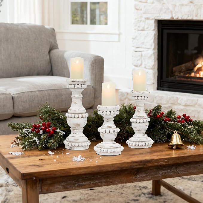 Farmhouse Large Candle Holders for Pillar Candles, Rustic Wooden Beaded Candle Holder, Perfect for Table Centerpieces, Coffee Table or Fireplace Mantel, 3 Piece Set (White)