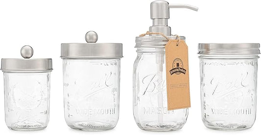Jarmazing Products Ball Mason Jar Bathroom Gift Set (4 pcs) - Lotion/Soap Dispenser, Toothbrush Holder, Q-Tip Storage Jars - Farmhouse Home Decor for Vanity Organization - Stainless Steel