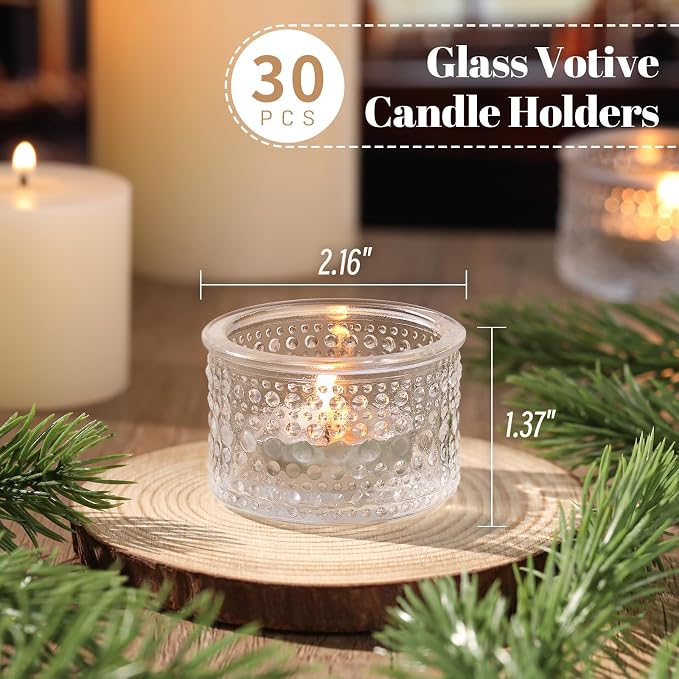 NITIME 30Pcs Clear Votive Candle Holders, Tealight Candle Holder Glass for Wedding Decorations, Polka Dot Glass Candle Holder forTable Centerpiece, Home and Party Decor