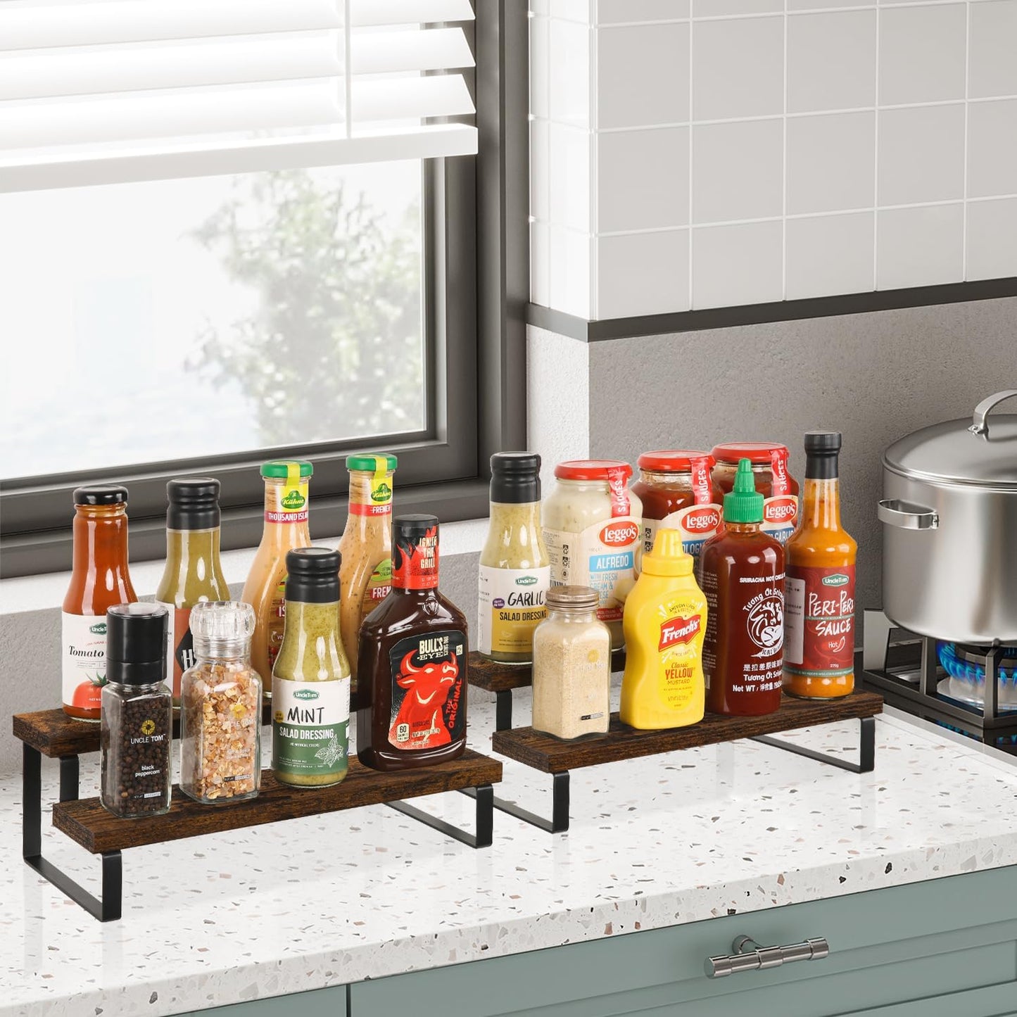 YINMIT Wooden Display Riser Stand, Tiered Perfume and Cologne Organizer Stand, 2 Tier Spice Rack Organizer, Rustic Display Shelf for Candles (2 Tier, 2 Pack)