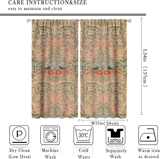 Retro Bohemian William Morris Blackout Window Curtains, Vintage Peacock Abstract Art Pattern Print Window Drapes, for Bedroom Living Room 21(W)*54(L) 2 Panels