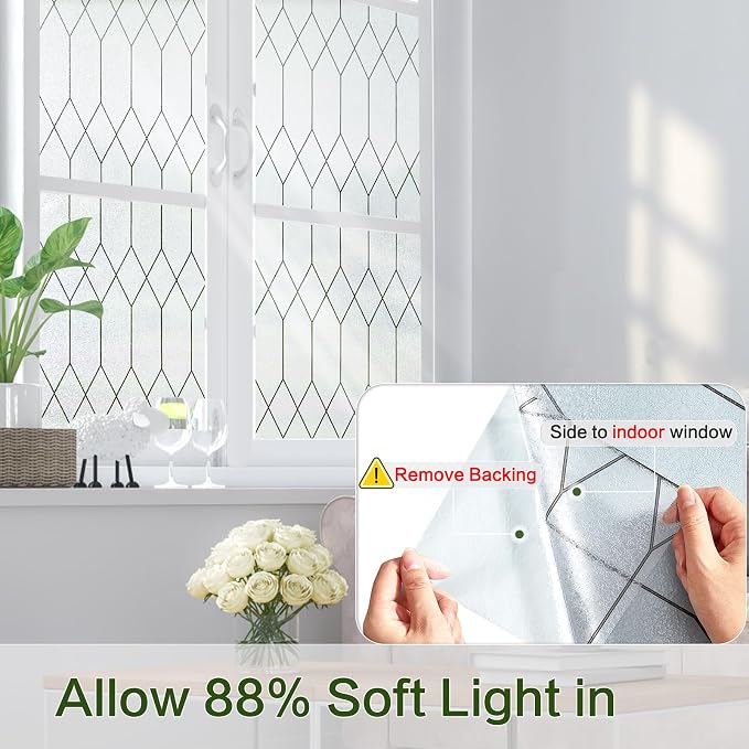 Windimiley Window Privacy Film Stained Glass Static Clings, Bathroom Frosted Leaded Decorative Window Stickers, UV Heat Blocking Opaque Removable for Home Door Coverings (35.4 x 394in,Pure)