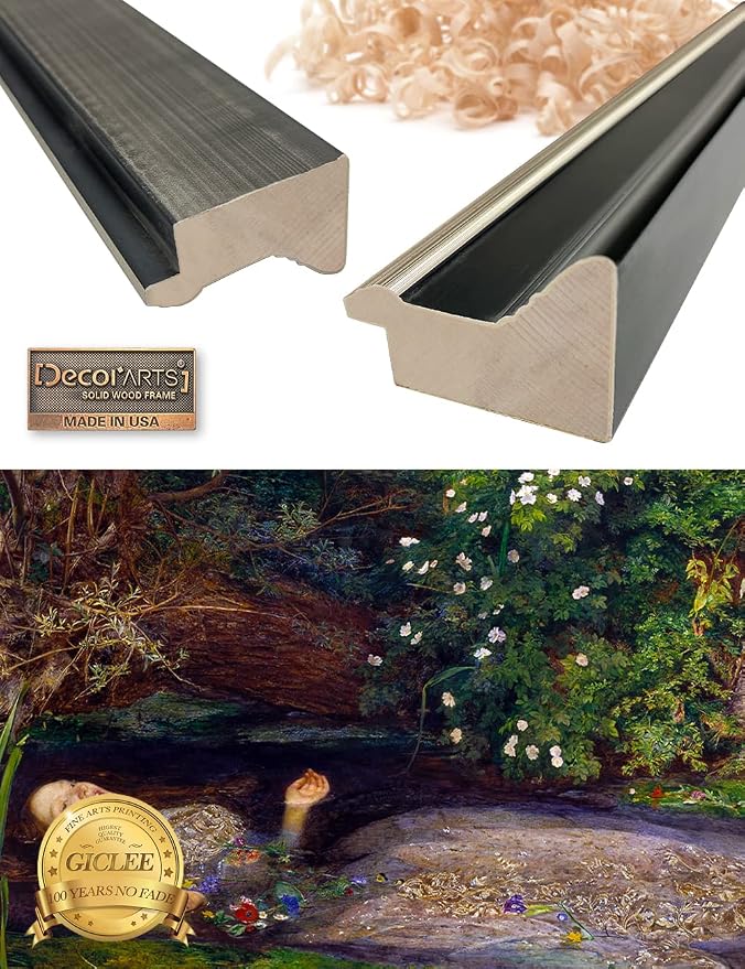 DECORARTS - Ophelia by John Everett Millais. Classical Style Solid Wood Framed, Giclee Prints Professionally Framed for Home and Office Decor. Ready to Hang. Total Size w/Frame: 21.25x15.25