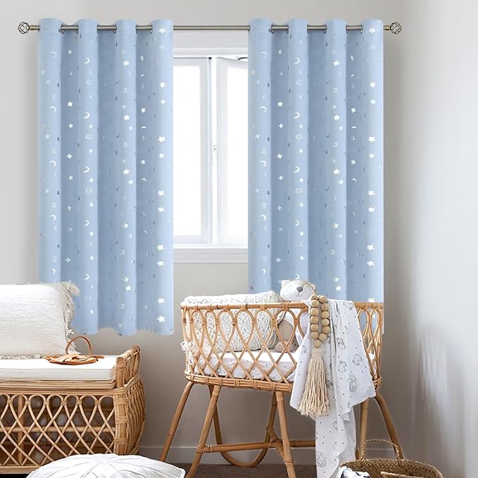 BGment Nursery Curtains for Boys Bedroom, Star and Moon Blackout Curtains for Kids Room, Girls Thermal Insulated Room Darkening Window Curtains Drapes with Grommet 63 Inch Long, Spa Blue, 52 Wide
