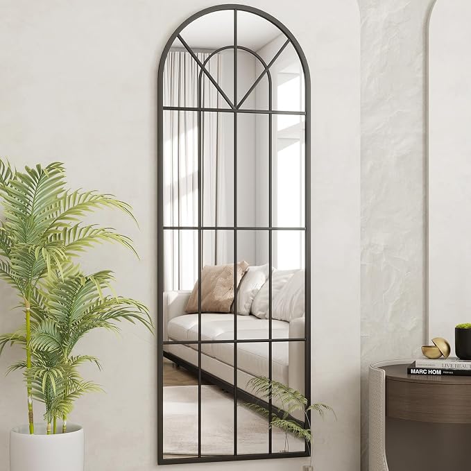 Degfig Arched Full Length Mirror with Grids, 65"X22", Arched Window Pane Wall Mirror, Floor Standing Mirrors, Farmhouse Long Full Body Mirrors Wall Mounted for Living Room, Bedroom, Entryway, Black