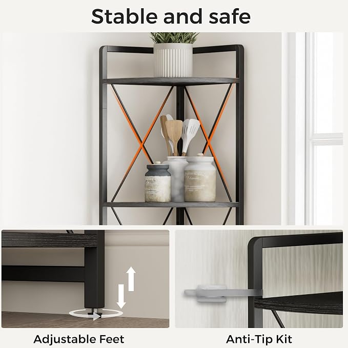 5 Tier Corner Shelf Stand, 64" H Tall Industrial Corner Bookshelf for Living Room Decor, Metal Corner Shelf, Plant Stand Display Shelf for Bedroom, Bathroom, Small Space, Black