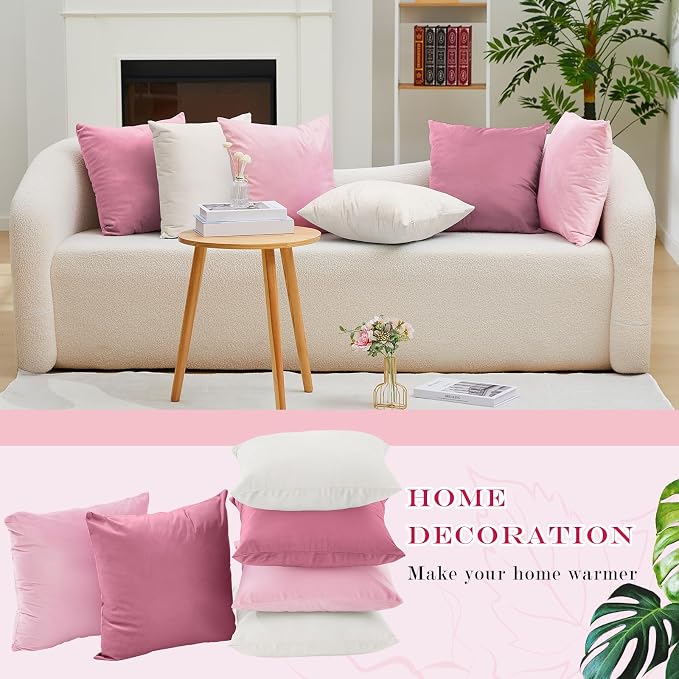 Berlune 6 Pcs Pink Picnic Velvet Throw Pillow Covers 18" x 18" White Coquette Cushion Cases Soft Pillowcase Coquette Party Accessories Couch Picnic Sofa Bed Chair Home Decor, No Inserts