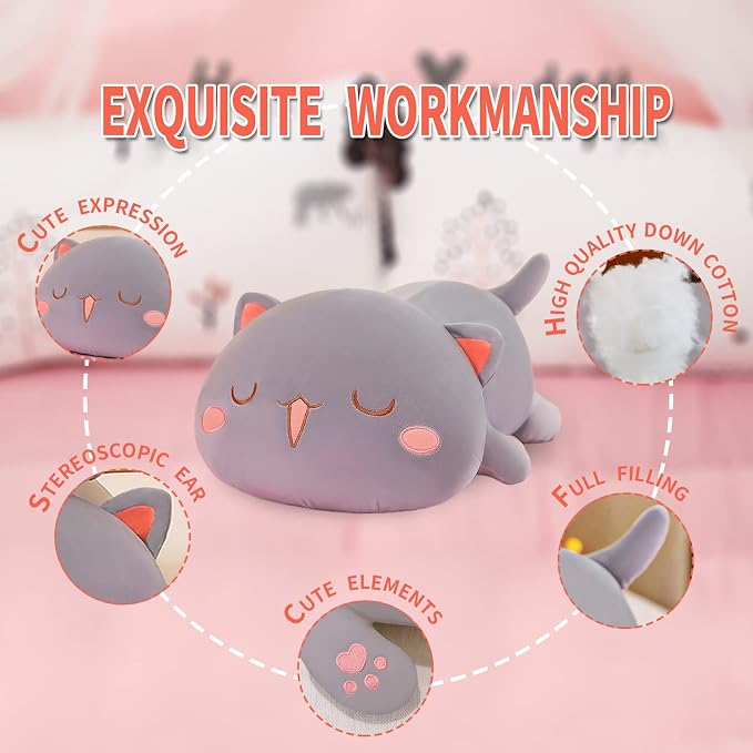FUYU Cat Stuffed Animals, Soft Cat Plush Pillow Kawaii Kitten Stuffed Animal Toy Gifts for Kids Boys Girls Room Decor (Gray Squinted,27in/67cm)