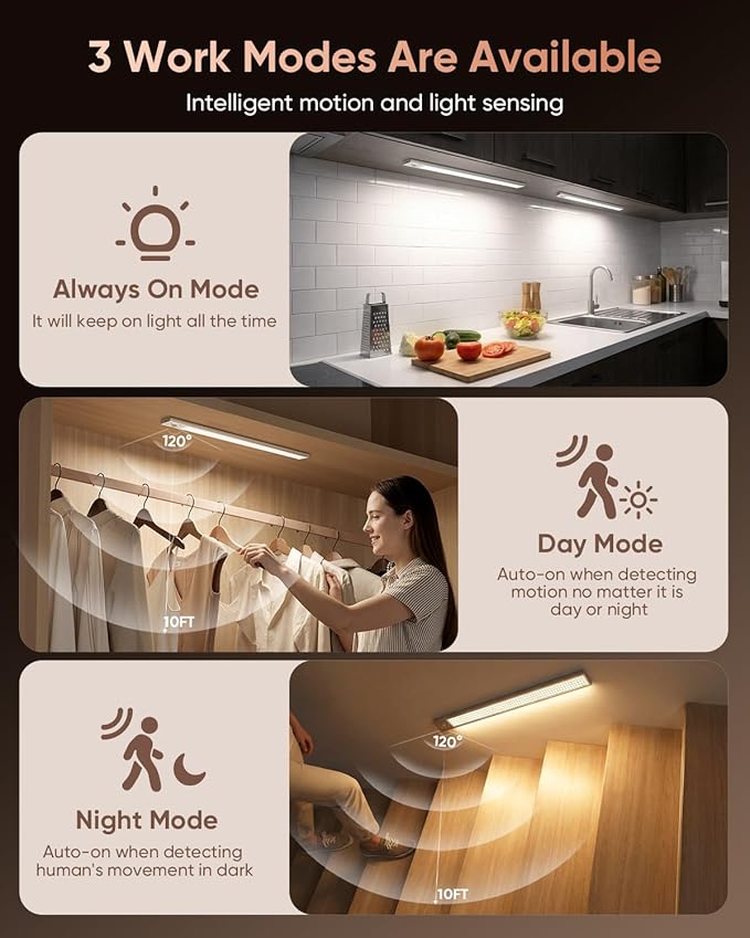 16inch Under Cabinet Lighting, 216LED Motion Sensor Light Indoor, Rechargeable Closet Lights, 3 Color Temps, Dimmable, Wireless Under Counter Lights for Kitchen, Stairs, Pantry, 4 Pack