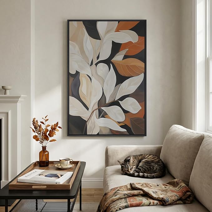 Framed Boho Botanical Wall Art for Living Room, Vertical Neutral Beige Floral Leaf Canvas Artwork for Walls, Organic Modern Terracotta Pictures Print Wall Art Decor for Bedroom Hallway, 24x36 Inch