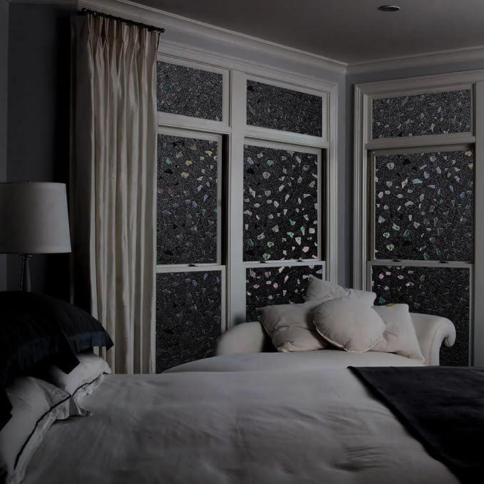 LEMON CLOUD Total Blackout Window Privacy Film,Decorative Window Film, Darkening Frosted Glass Covering 100% Opaque Removable Static Cling for High Privacy, Black Rubble Design(35.4 x 157.4 Inch)
