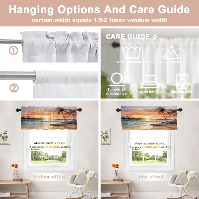 Shrahala Summer Sunset Beach Kitchen Valances, Tropical Seaside Scene Half Window Curtain Window Treatment Multilayer Polyester Blackout for Living Room Bathroom 2 Pack 52 X 16 in