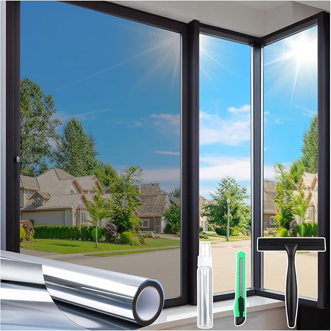 Homein One Way Privacy Window Film with Tool Window Tint for Home Heat Control Sun Blocking Anti UV Mirror Reflective Covering See Out Not in Static Cling No Glue Sliver 17.5" x 78.7"
