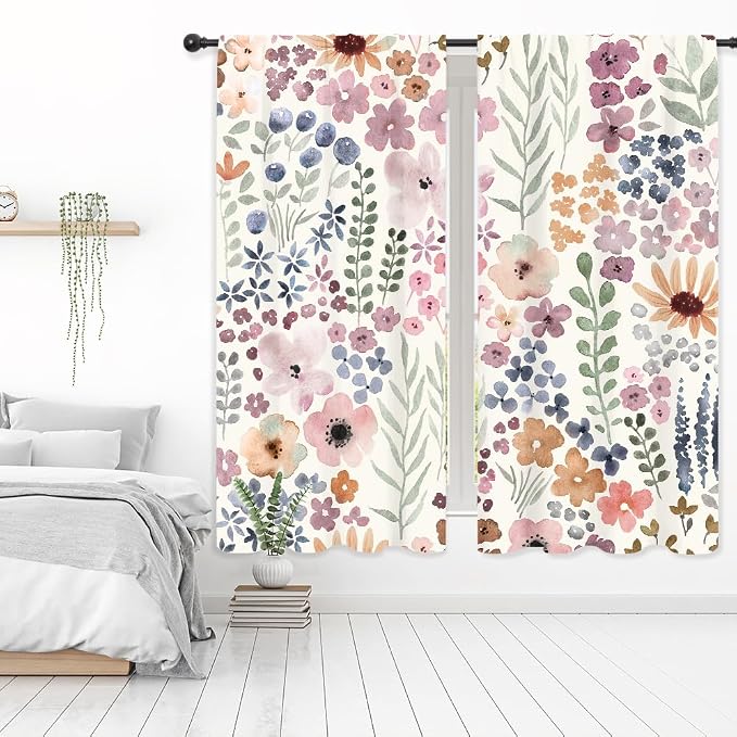 Riyidecor Colorful Floral Curtains Cute Boho Pink Wildflower Trendy Pretty Aesthetic for Girls Rod Pocket Watercolor Plant Leaves Botanical Bedroom Living Room Treatment Fabric 2 Panels 42Wx63H Inch