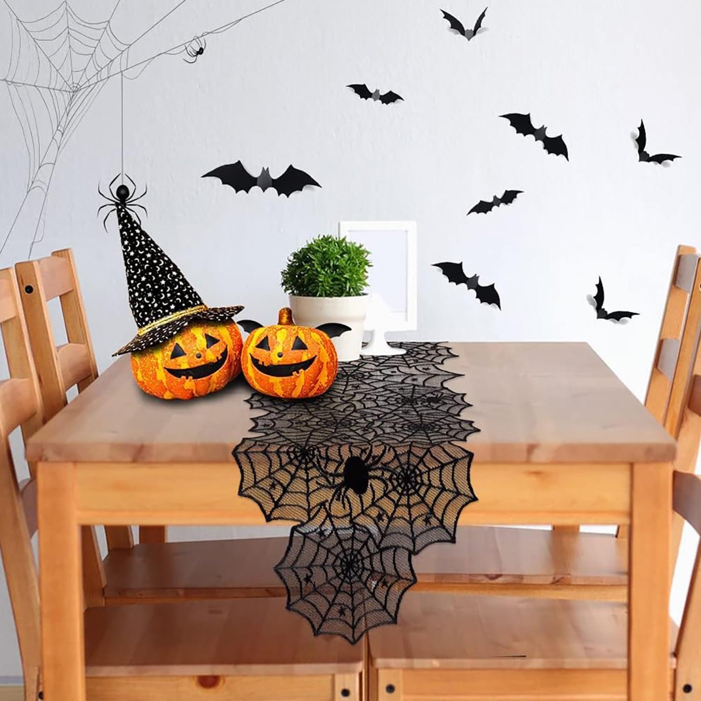 1-Pack Halloween Table Runner, Black Spider Stars Lace Table Runner, Gothic Kitchen Decor, Fall-Themed Party Decorations, Spider Web Reusable Home Accent, 18 x 72 Inches