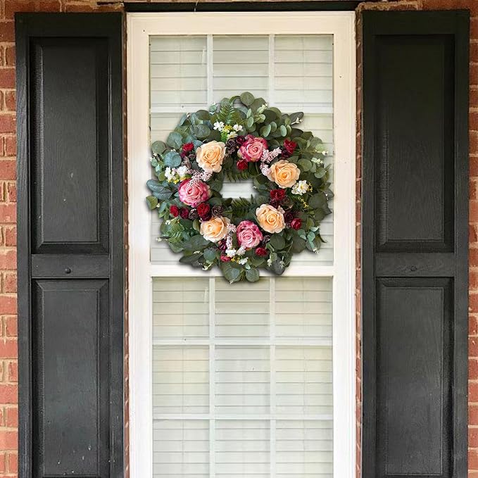 WANNA-CUL 24 Inch Pink Champagne Rose Spring Wreath for Front Door | Burgundy Rose and Eucalyptus Leaves, Ideal for Summer ,Fall ,Mother's Day, Valentine's Day, Indoor Outdoor Decor