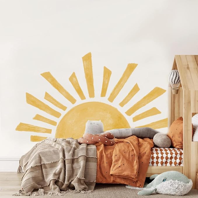 Large Boho Half Sunrise Wall Decals Peel and Stick, Watercolor Sun Decal Sunrise Wall Murals Stickers, Sunshine Wall Stickers for Kids Room Playroom Nursery Bedroom, 47.28" x 26.40"