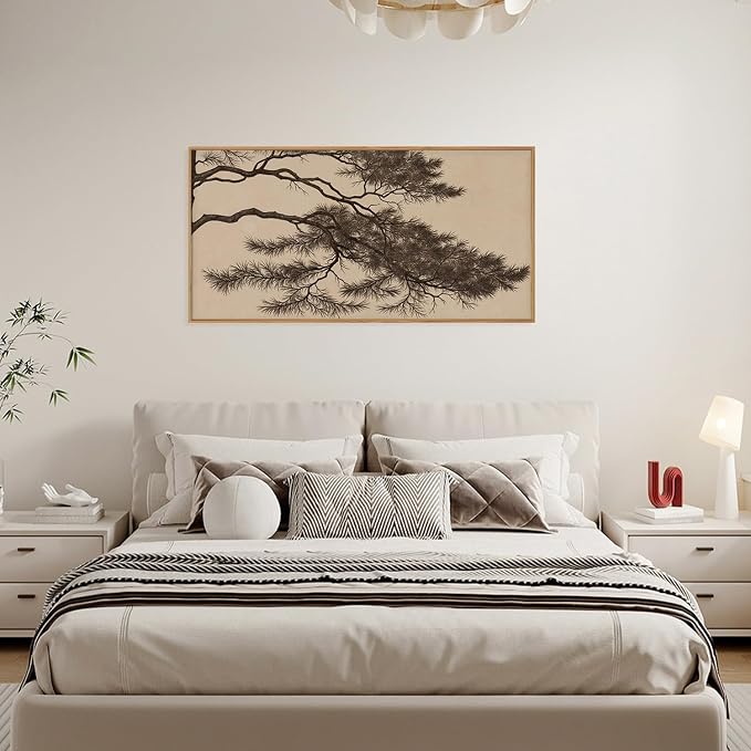 LHIUEM Large Vintage Pine Tree Branch Framed Canvas Wall Art,Sketch Botanical Wall Decor,Nature Plant Artwork,Brown Antique Etching Art Prints for Living Room,Bedroom,Ofiice-20 x40 x1