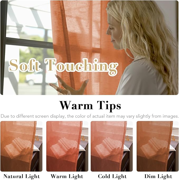 H.VERSAILTEX Linen Curtains Natural Linen Blended Curtain Panels for Living Room/Light Reducing Linen Semi Sheer Curtains 2 Panels Set Nickel Grommet Window Panels (52x72 Inch, Orange)