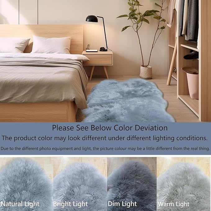 Woolous Sheepskin Rug 4x6 ft Gray - Genuine New Zealand Sheep Skin Rugs - Large Quad Natural Fluffy Area Rug - Real Sheepskin for Nursery Decor, Bedroom, Living Room - Soft & Luxurious 4 Pelt Rug