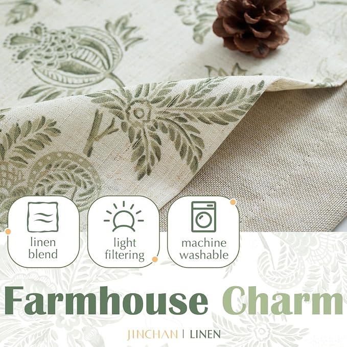 jinchan Floral Valance Curtain Linen Kitchen Valance for Windows 16 Inch Farmhouse Light Filtering Green Floral Short Window Treatment for Living Room 1 Panel Rod Pocket Double Layer Sage on Beige
