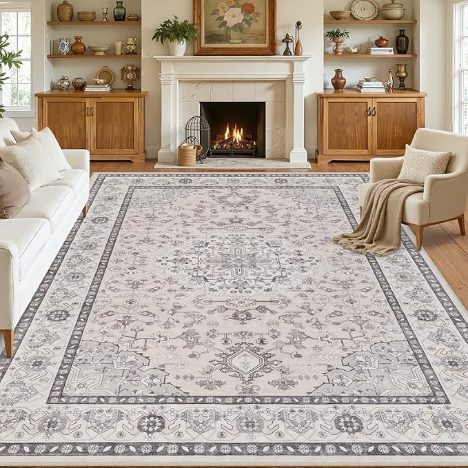 Area Rugs 9x12 Living Room: Vintage Boho Neutral Washable Rug Indoor Soft Large Area Rug Carpet for Bedroom Nursery Farmhouse Dining Room Office Floor Non-Slip Low Pile Under Table Beige & Grey